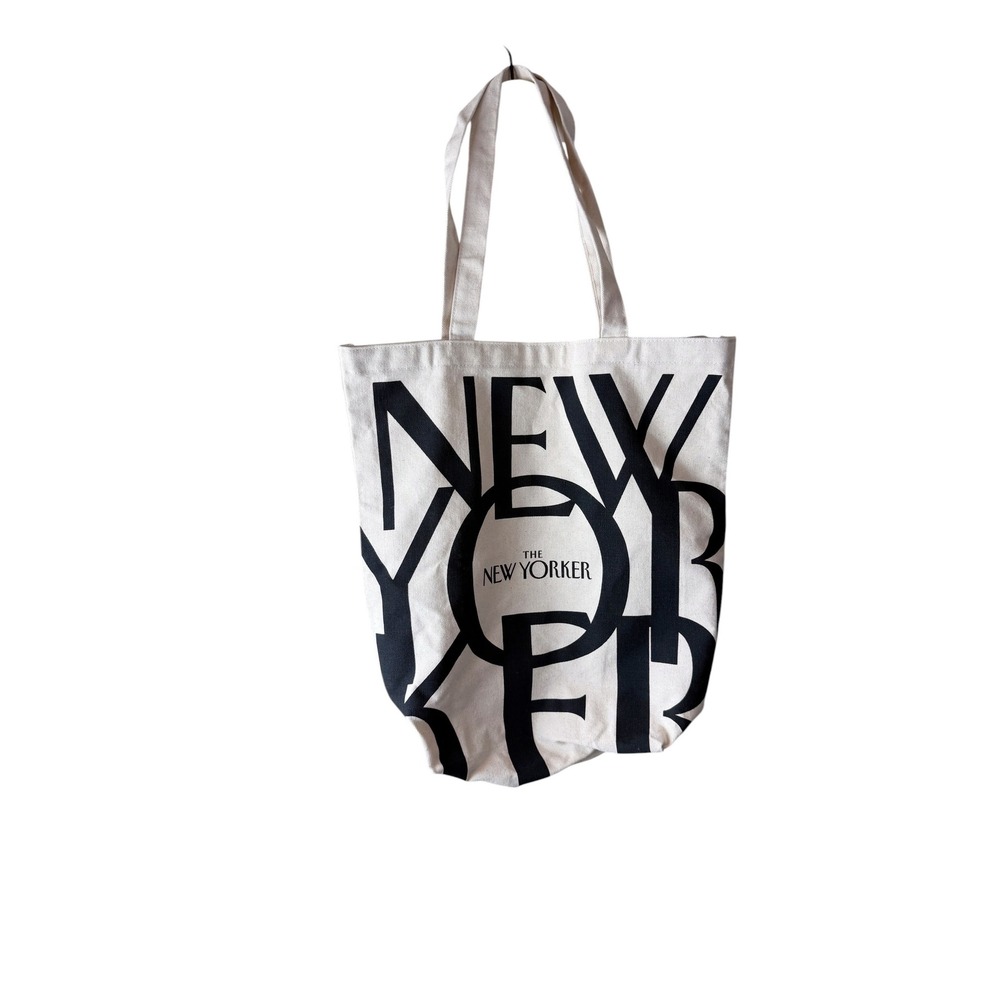 The New Yorker Canvas Tote Bag Cream Black Graphic Logo Shoulder Book Bag